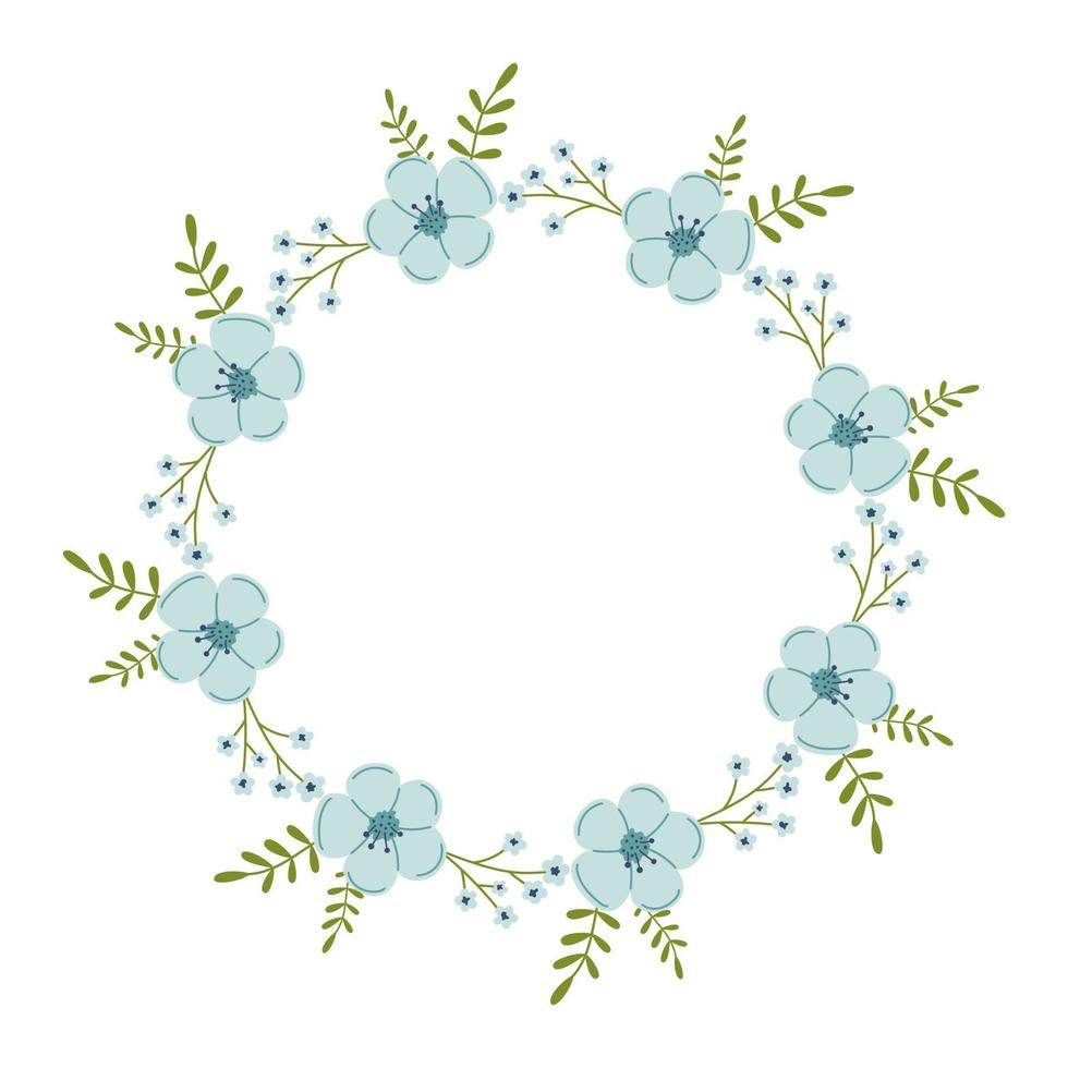 vector krans met blauw bloemen en groen bladeren. bloemen ronde kader voor feesten. bloem cirkel grens kopiëren ruimte. romantisch ontwerp voor groet kaarten. tekst sjabloon met voorjaar planten.