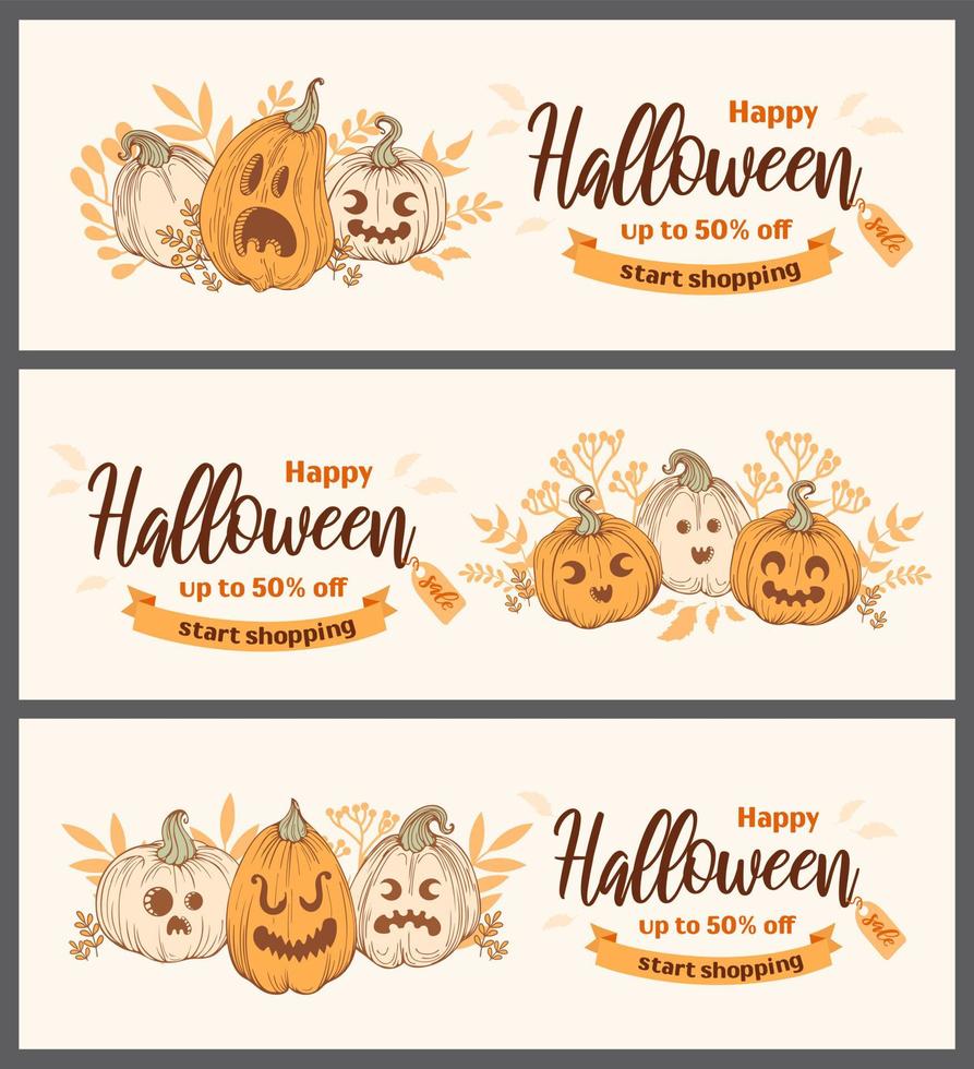 gelukkig halloween uitverkoop. reeks helder horizontaal banier in vaag stijl, wijnoogst aards tonen. jack O lantaarn. pompoen met boos en bang gezichten, herfst bladeren. voor reclame banier, poster, folder vector