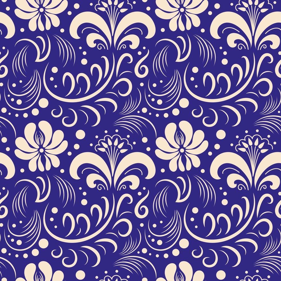 patroon in Russisch stijl gzhel. traditioneel botanisch volk tekening. wit Aan blauw. wijnoogst illustratie voor behang, het drukken Aan kleding stof, inpakken, achtergrond. vector
