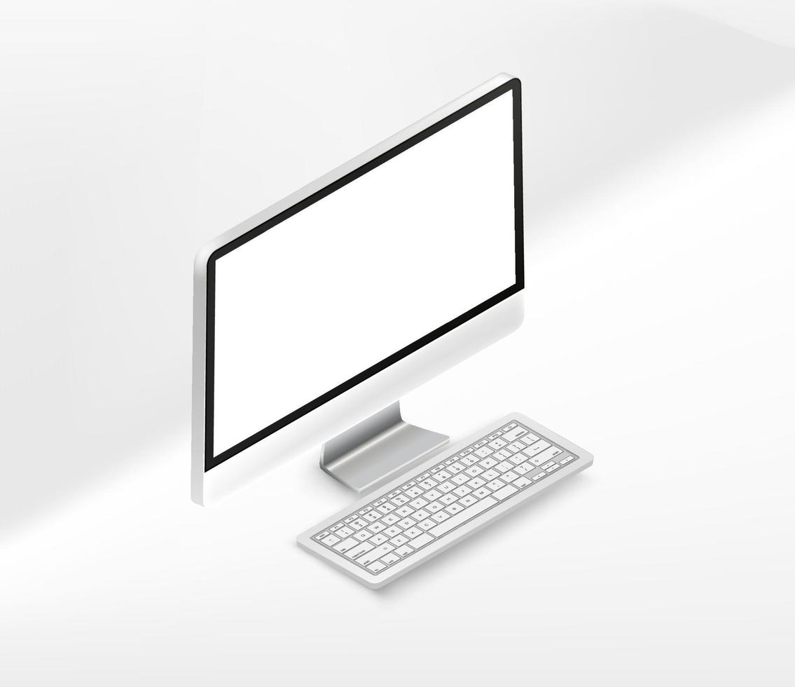 moderne personal computer met toetsenbord. isometrische 3d illustratie geïsoleerd op een witte achtergrond vector