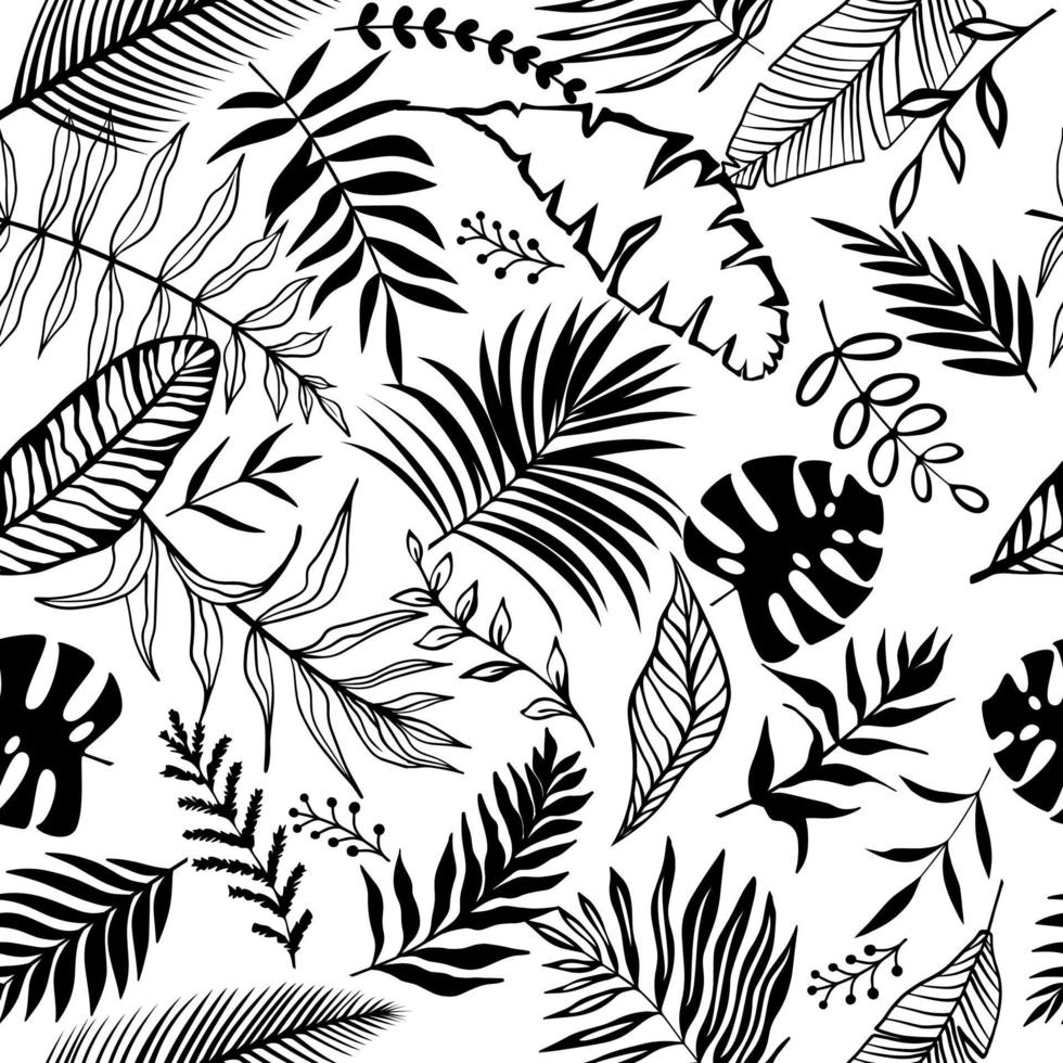 wit en zwart naadloos exotisch bladeren. helder tropisch vector illustratie met palm bladeren, banaan bladeren, monstera voor decor, achtergronden, covers