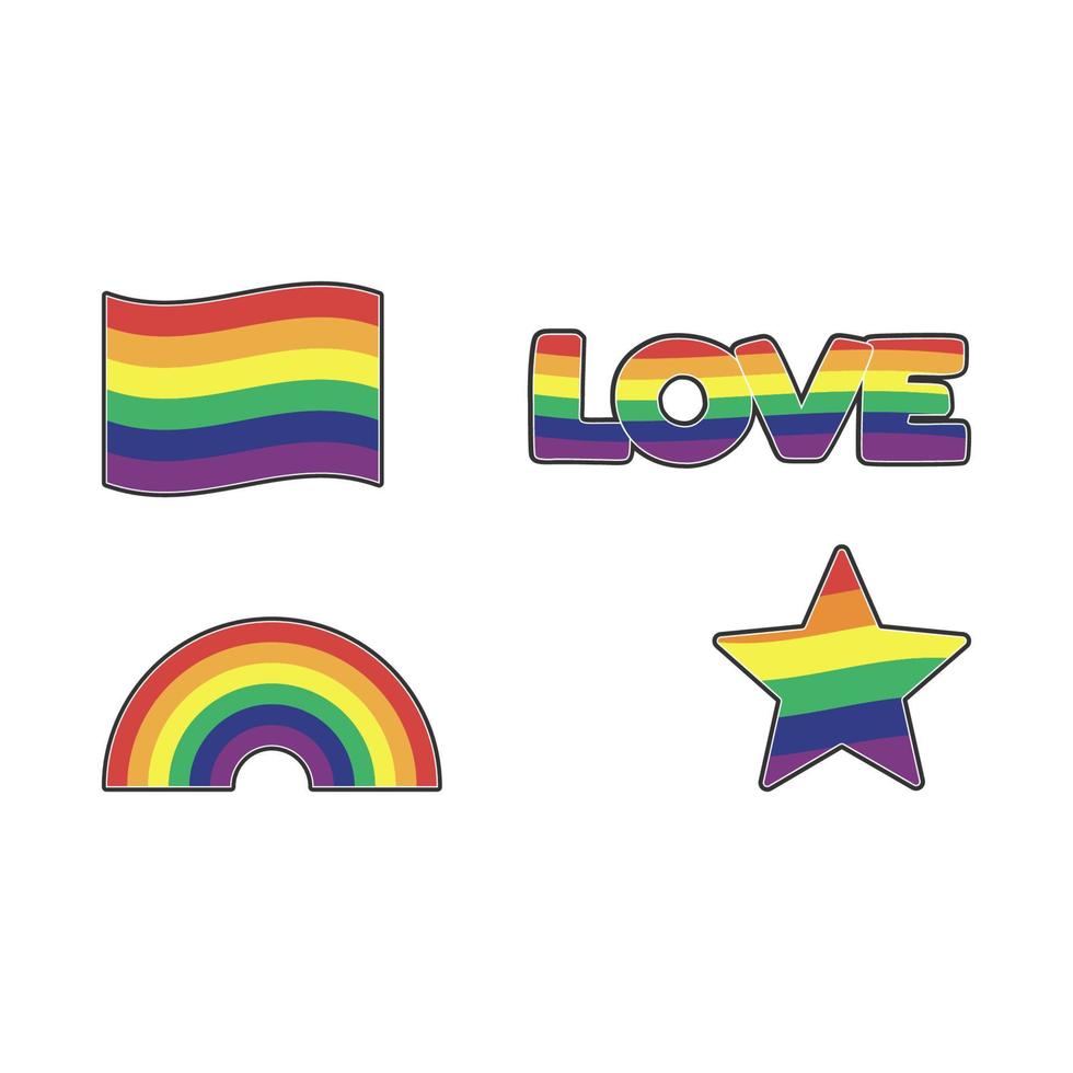 reeks van lgbtq gemeenschap stickers met vlag, ster en hart vormen met regenboog kleuren. trots maand symbolen en slogan. homo optocht pictogrammen. vector