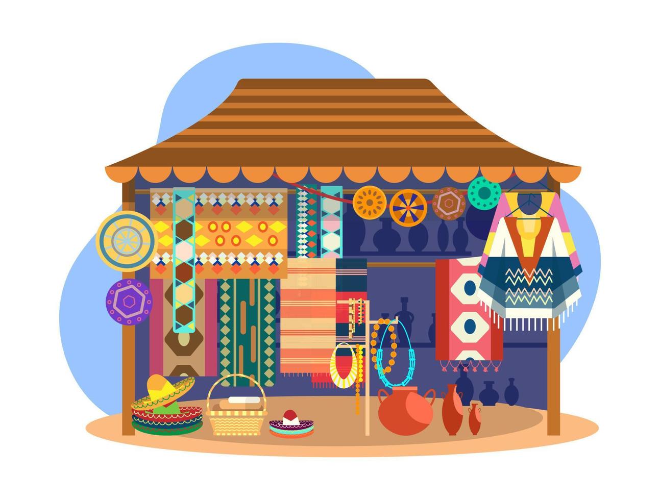 etnisch souvenir straat winkel. Mexicaans straat op te slaan met tapijten, poncho's, sombrero hoeden, pottenbakkerij en sieraden. vector