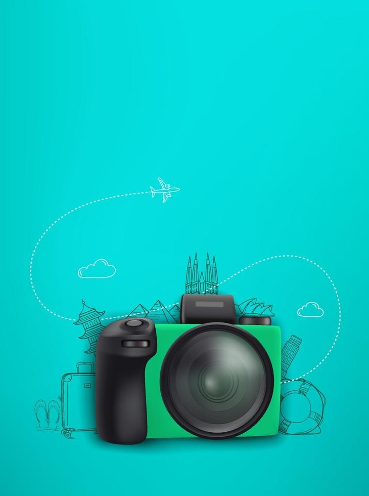 reisconcept met groene camera en krabbelelementen. verticale afbeelding met kopie ruimte vector