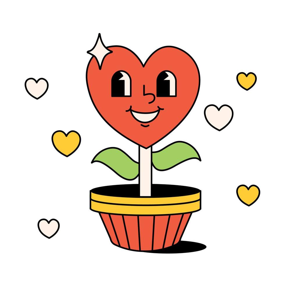 grappig gelukkig hart in een pot. bloem, hippie, groovy in de stijl van de jaren 60, jaren 70. positief en mooi zo gevoel vector