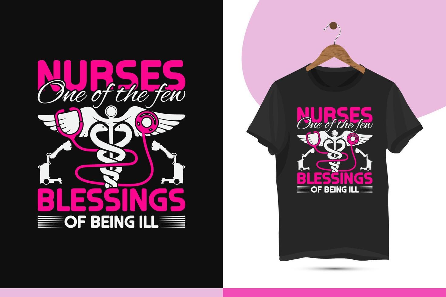 verpleging typografie t-shirt ontwerp vector sjabloon. gemakkelijk ontwerp voor de verpleegster met een caduceus, stethoscoop, röntgenfoto, en injectie silhouet.