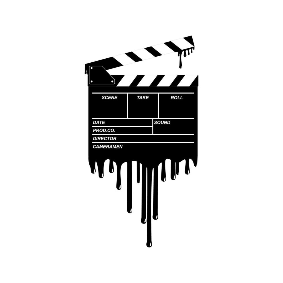 silhouet van de bloederig Filmklapper teken voor film of film icoon symbool met genre verschrikking, thriller, bloed, sadistisch, spatten, slasher, mysterie, eng of halloween poster film film. vector