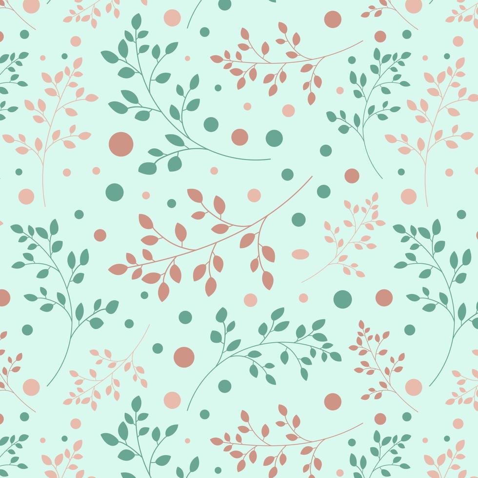 delicaat patroon met bladeren en polka dots in pastel roze en munt kleuren. vector