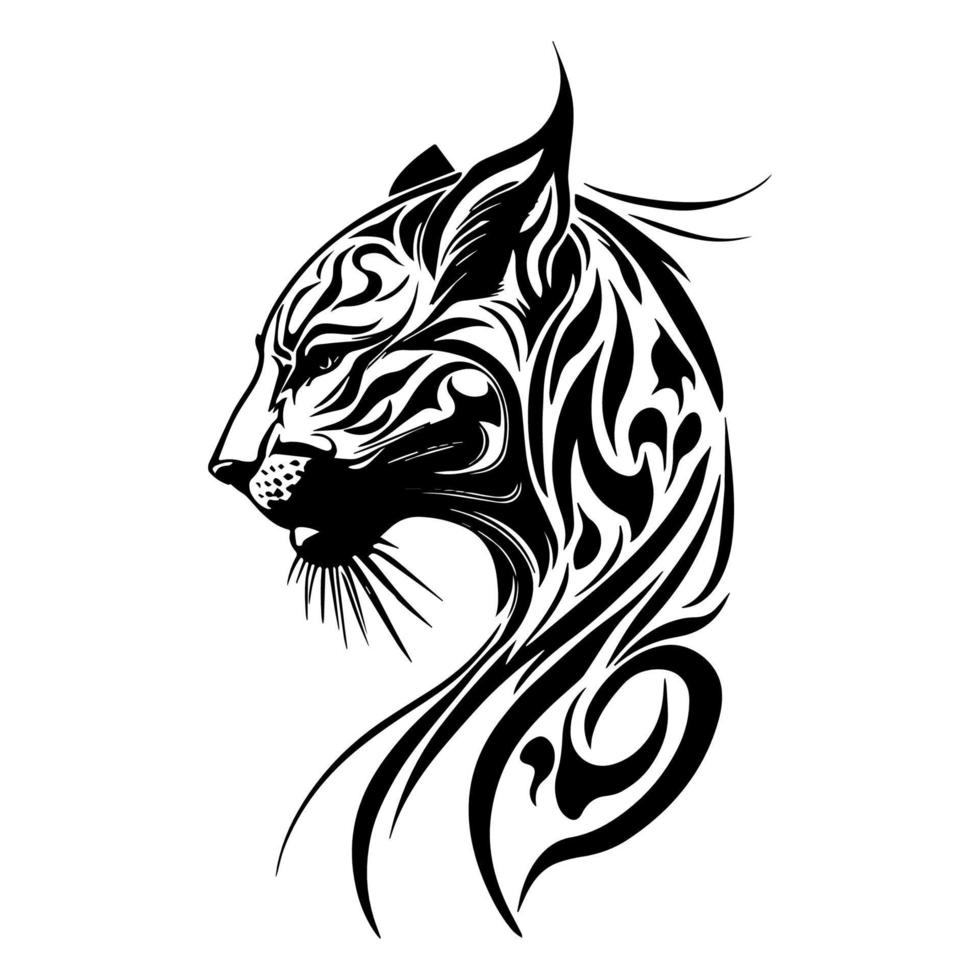 een woest panter hoofd in tribal tatoeëren stijl, afgebeeld in zwart en wit lijn kunst hand- getrokken illustratie vector