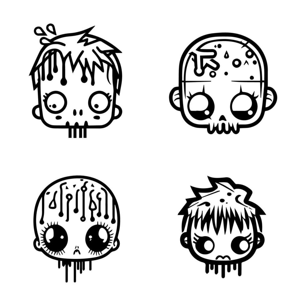 schattig kawaii zombie hoofd verzameling reeks hand- getrokken lijn kunst illustratie vector