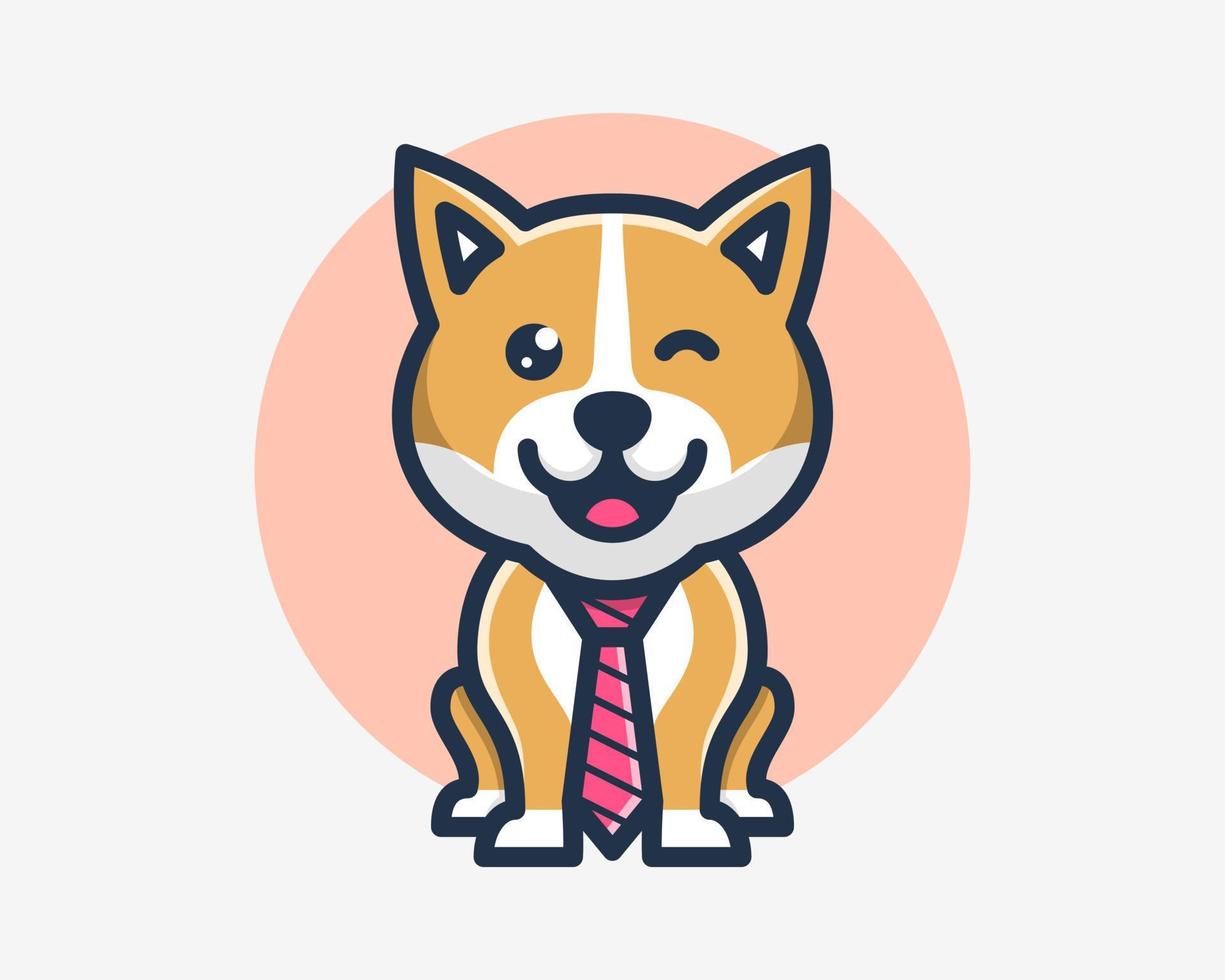 schattig shiba inu hond puppy hoektand slijtage stropdas pak speels grappig tekenfilm mascotte vector illustratie