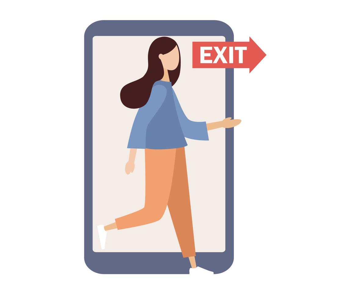 digitaal ontgiften. vrijheid van internetten, smartphone en sociaal media. Uitgang teken. offline leven. vrouw stepping uit van de mobiel telefoon scherm. vector vlak illustratie