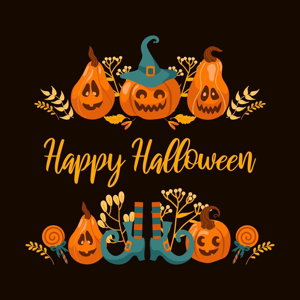 gelukkig halloween helder vector illustratie. pompoen jack-o-lantern, heks hoed, gestreept kousen, lolly. voor stickers, ansichtkaarten, spandoeken, folder. oranje-groen kleuren, een zwart contrasterend achtergrond