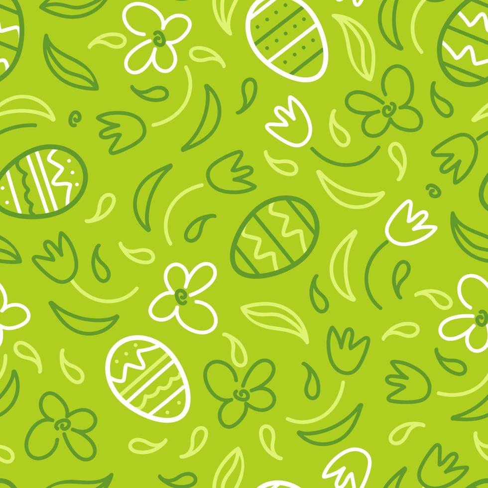 gelukkig Pasen. naadloos monochroom groen patroon chocola eieren, madeliefjes en tulpen. tekening stijl. voor behang, het drukken Aan kleding stof, inpakken. vector