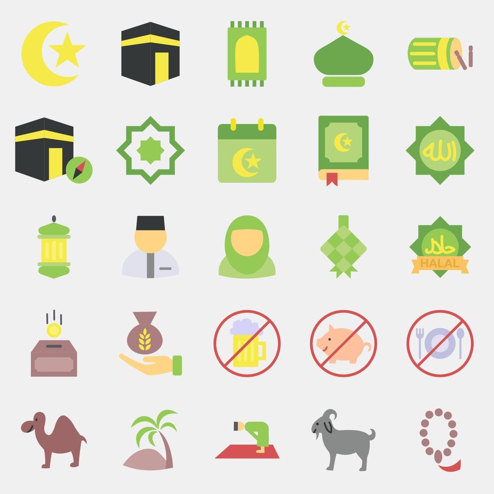 icoon reeks van islamitisch. Islamitisch elementen van ramadan, eid al fitr, eid al adha. pictogrammen in vlak stijl. mooi zo voor afdrukken, affiches, logo, decoratie, groet kaart, enz. vector