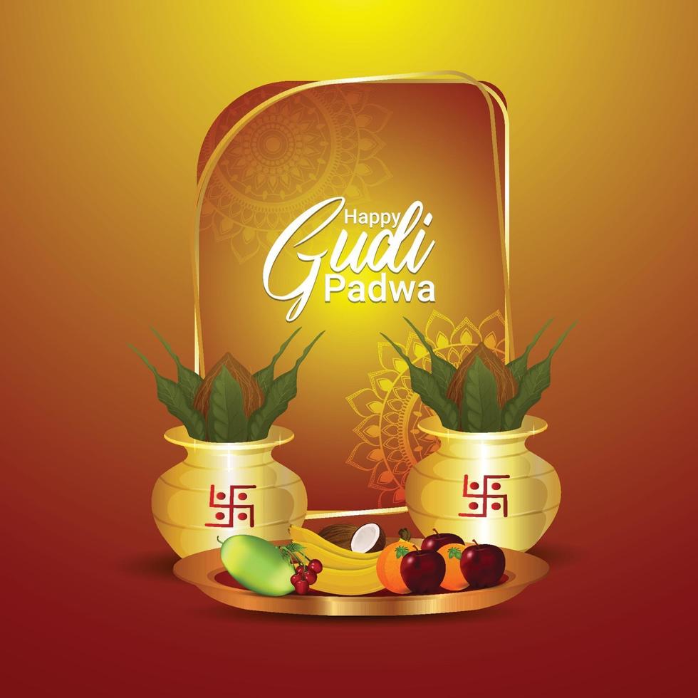 happy gudi padwa creatieve traditionele kalash met fruit vector