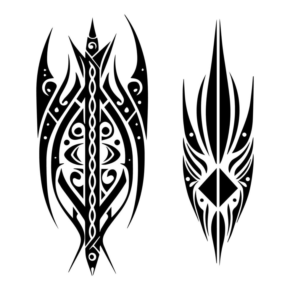 een verzameling reeks van zwart en wit hand- getrokken tribal tatoeëren ontwerpen dat oproepen een zin van cultureel erfgoed en traditioneel kunst vector