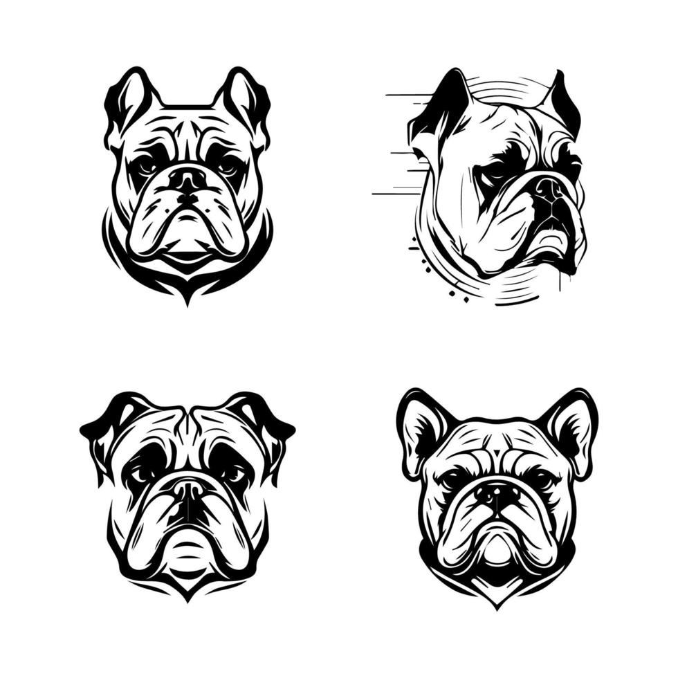 ontketenen de bulldog geest met onze boos bulldog hoofd logo silhouet verzameling. hand- getrokken met liefde, deze illustraties zijn zeker naar toevoegen een tintje van macht en intensiteit naar uw project vector