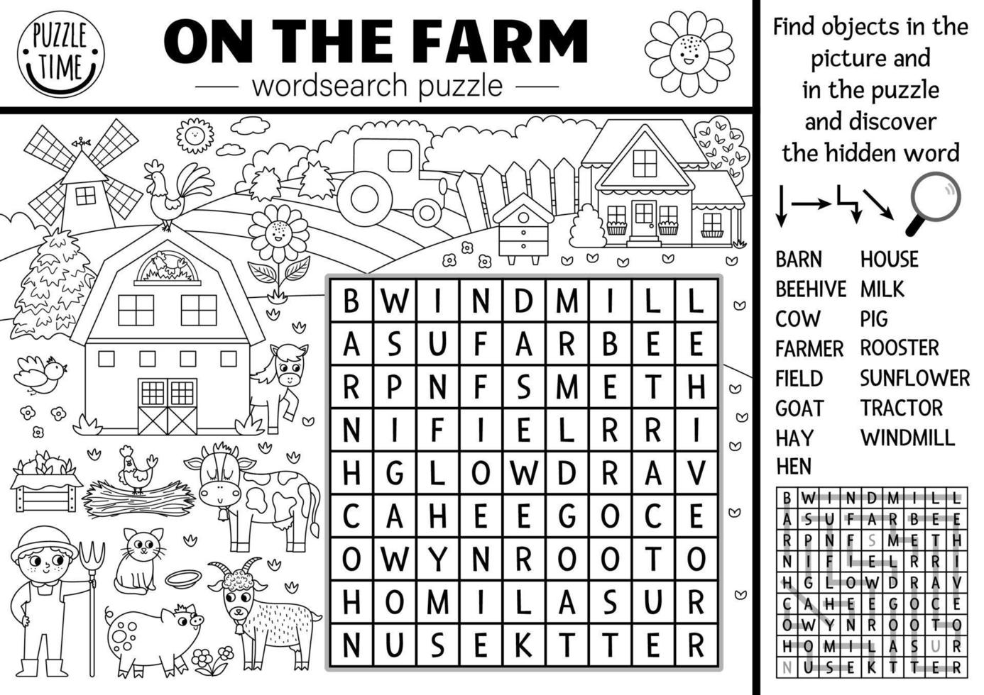 vector Aan de boerderij zwart en wit woorden zoeken puzzel voor kinderen. gemakkelijk boerderij woord zoeken lijn quiz met land landschap. werkzaamheid met koe, boer, schuur. kruis woord kleur bladzijde met dorp tafereel