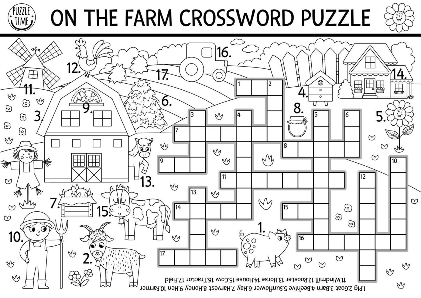 vector Aan de boerderij zwart en wit kruiswoordraadsel puzzel voor kinderen. gemakkelijk boerderij lijn quiz met landelijk land landschap. leerzaam werkzaamheid met koe, boer, schuur. schattig kruis woord kleur bladzijde