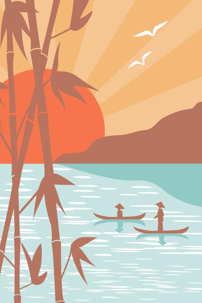 abstract gemakkelijk hedendaags poster met bamboe takken, een vijver met vissers in een boot tegen de backdrop van bergen en de zon. vector grafiek.