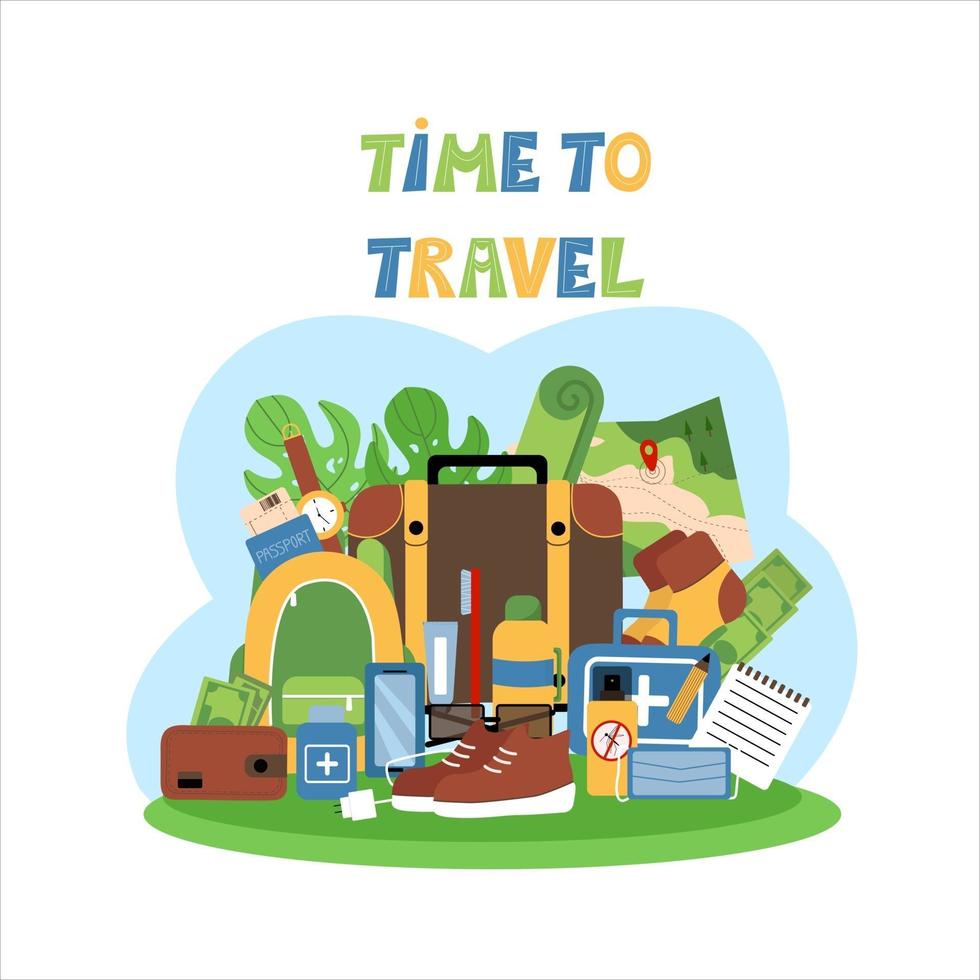 set van toeristische dingen, reisartikelen, herenset, vectorobjecten koffer, rugzak, EHBO-doos, geld in portemonnee, paspoort, vliegticket. vector