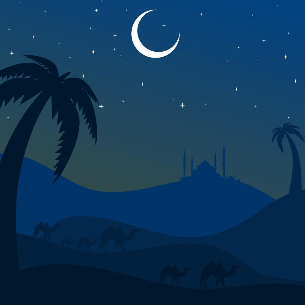 illustratie van Ramadan kareem met moskee silhouet en sterrenlicht, maan en kameel, achtergrond bedrijf label, uitnodiging sjabloon, sociaal media, enz. Ramadan kareem themed vlak vector illustratie.