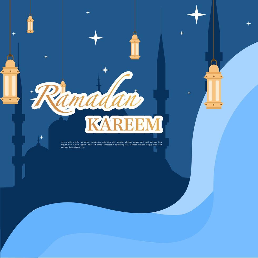 illustratie van Ramadan kareem met moskee silhouet en sterrenlicht, maan en lantaarn, achtergrond bedrijf label, uitnodiging sjabloon, sociaal media, enz. Ramadan kareem themed vlak vector illustratie