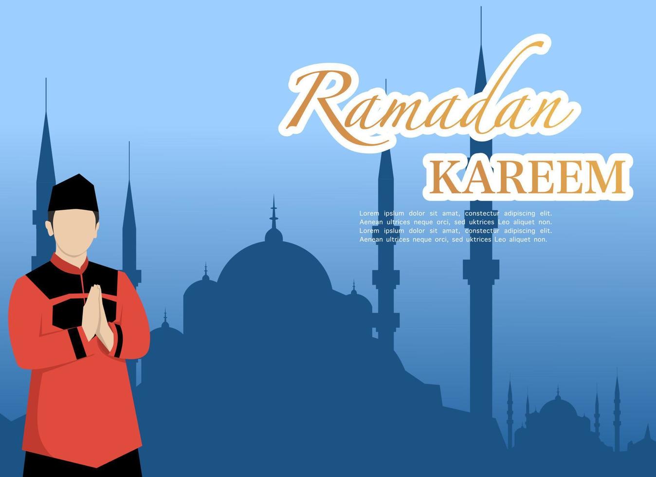 Ramadan kareem felicitatie concept met mannetje karakter, Ramadan concept illustratie set. gelukkig moslim mensen vieren de heilig maand van Ramadan, eid hartelijk groeten. vector illustratie