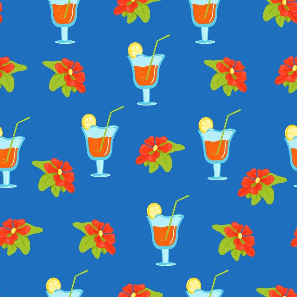 naadloze bloemmotief met tropische bloemen en cocktails in wijnglazen, vector print in vlakke stijl, helder zomerpatroon.