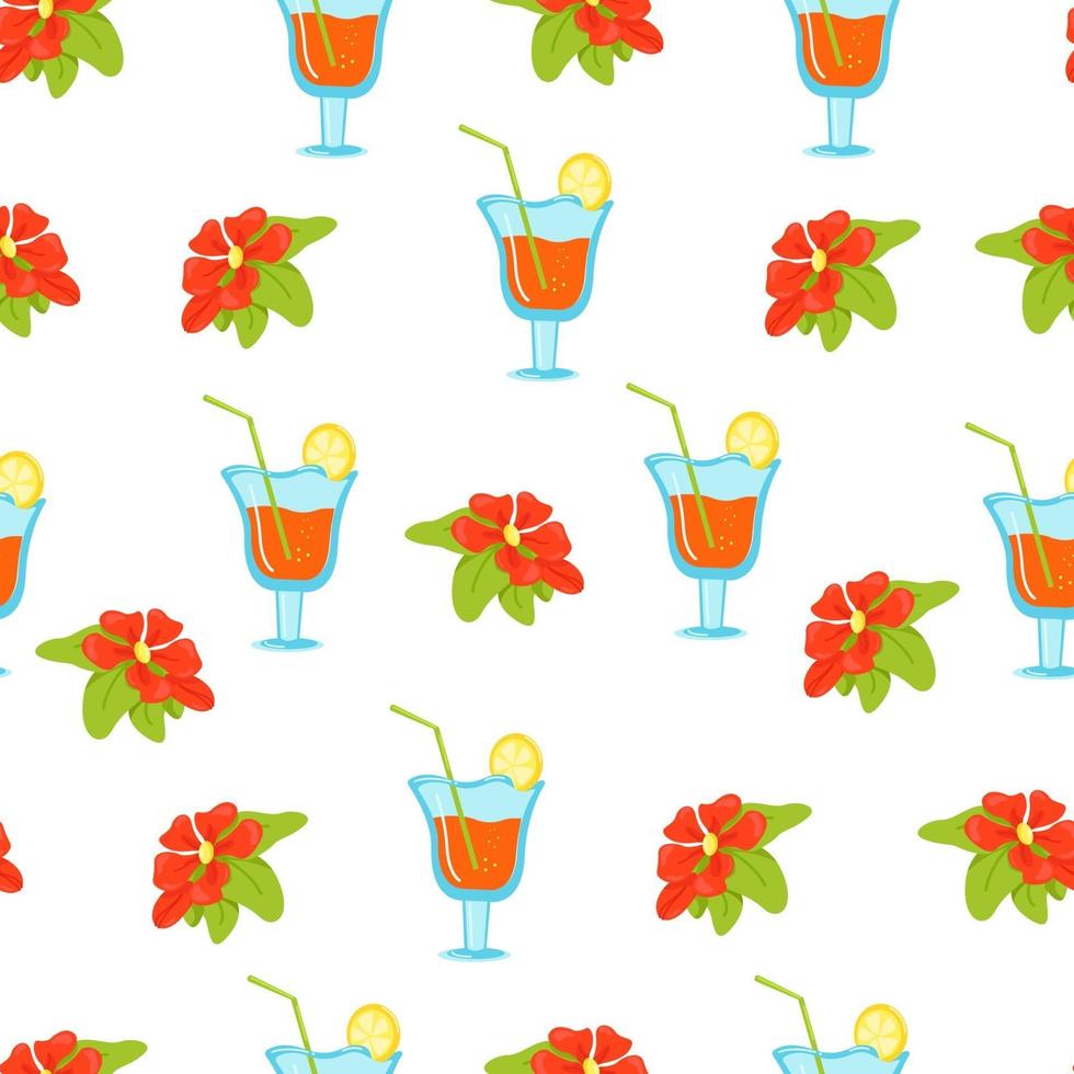 naadloze bloemmotief met tropische bloemen en cocktails in wijnglazen, vector print in vlakke stijl, helder zomerpatroon.