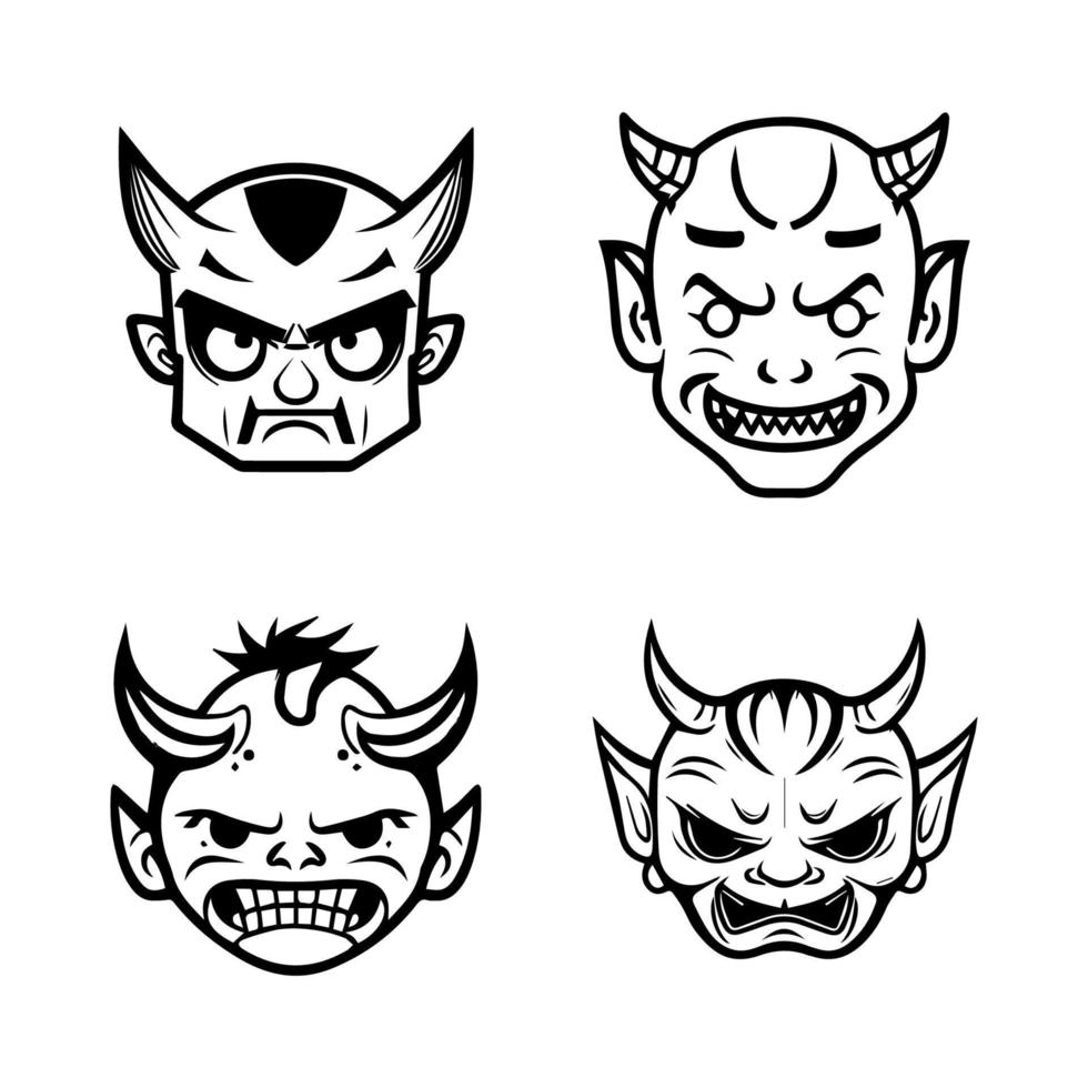 een reeks van schattig kawaii hannya maskers, hand- getrokken met schoon lijn kunst. elk ontwerp Kenmerken de iconisch uitdrukking illustratie vector