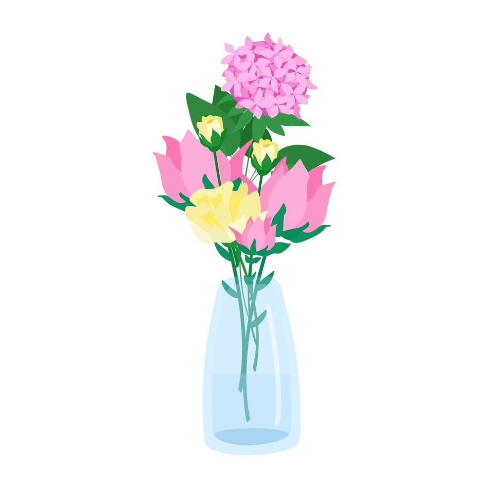 mooie bloemen in een vaas, een boeket van lelies schattige tuinbloemen, vector-object in een vlakke stijl op een witte achtergrond. vector