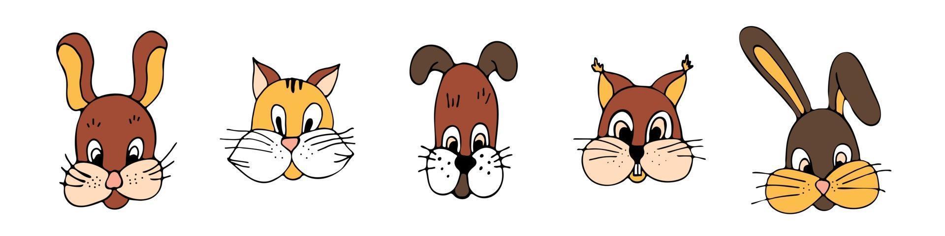 schattige dieren konijn kat hond eekhoorn set, verzameling van handgetekende lineaire pictogrammen, vector op een witte achtergrond.