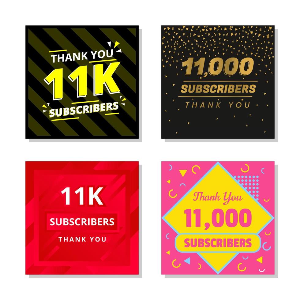 dank u 11k abonnees reeks sjabloon vector. 11000 abonnees. 11k abonnees kleurrijk ontwerp vector. dank u elf duizend abonnees vector