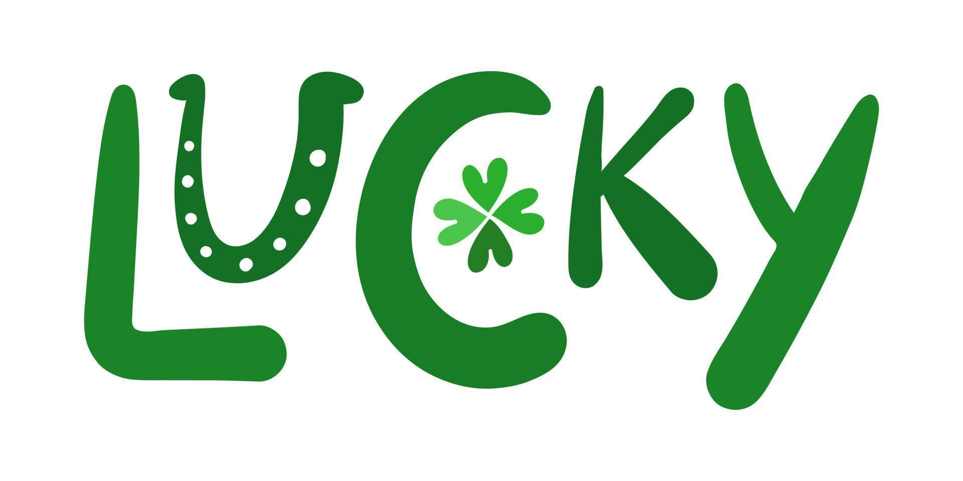 Lucky belettering met Klaver en hoefijzer u vector illustratie