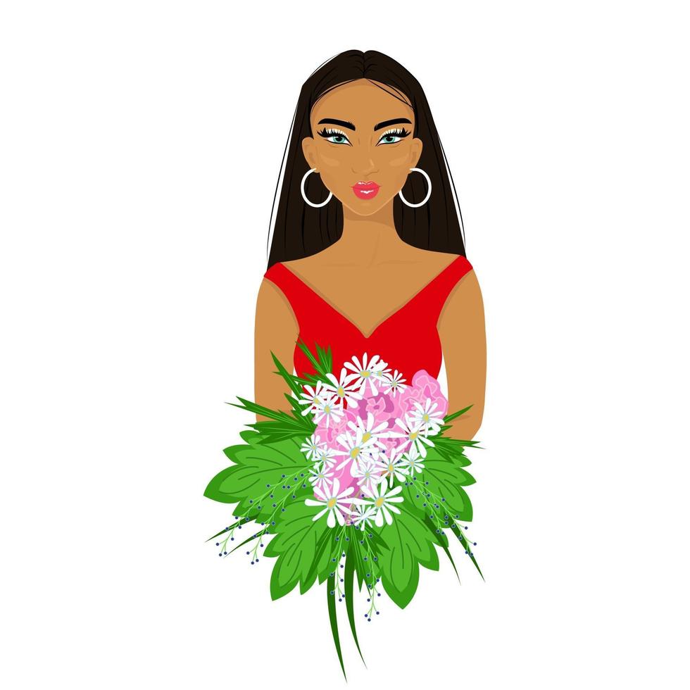 meisje in het rood met een boeket bloemen in haar handen, mooie afro vrouw met make-up, mooie vrouwelijke avatar, vectorillustratie in vlakke stijl. vector