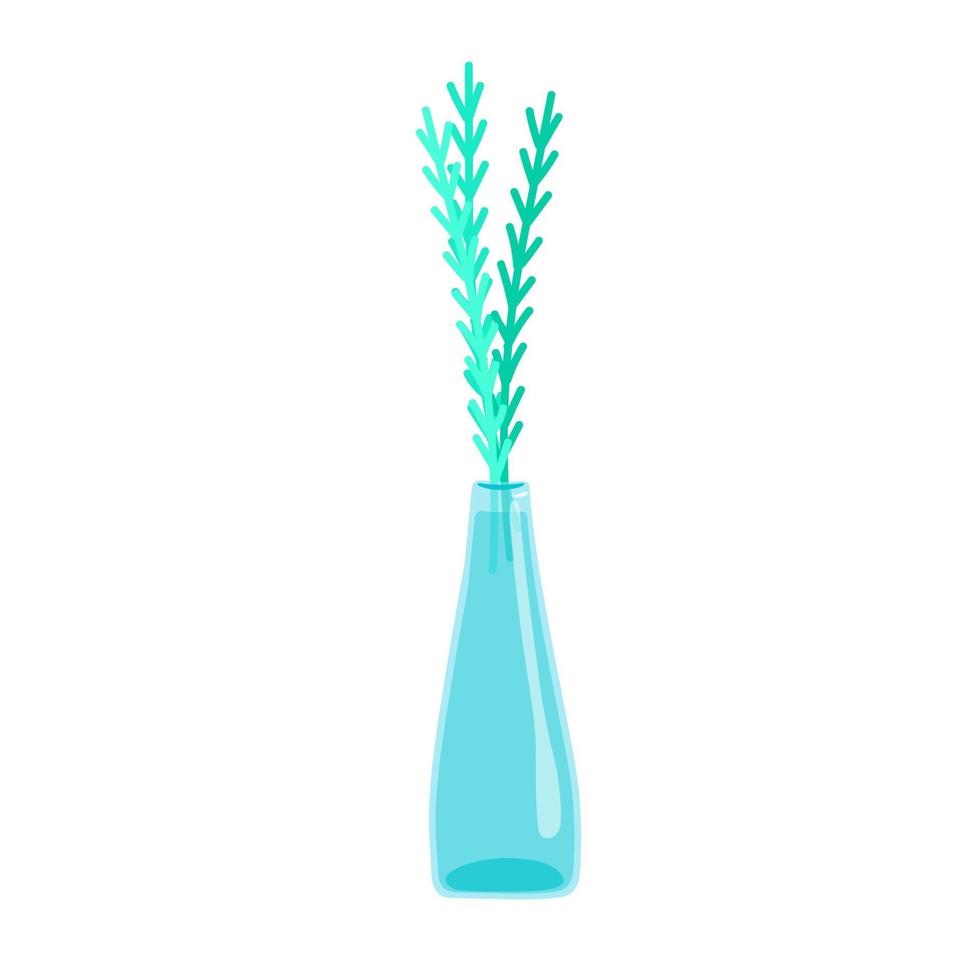 groene twijgen in een hoge glazen vaas, glazen kan, delicate decoratieve kleine bloemen, lentegras, vectorillustratie in cartoon-stijl, plat. vector