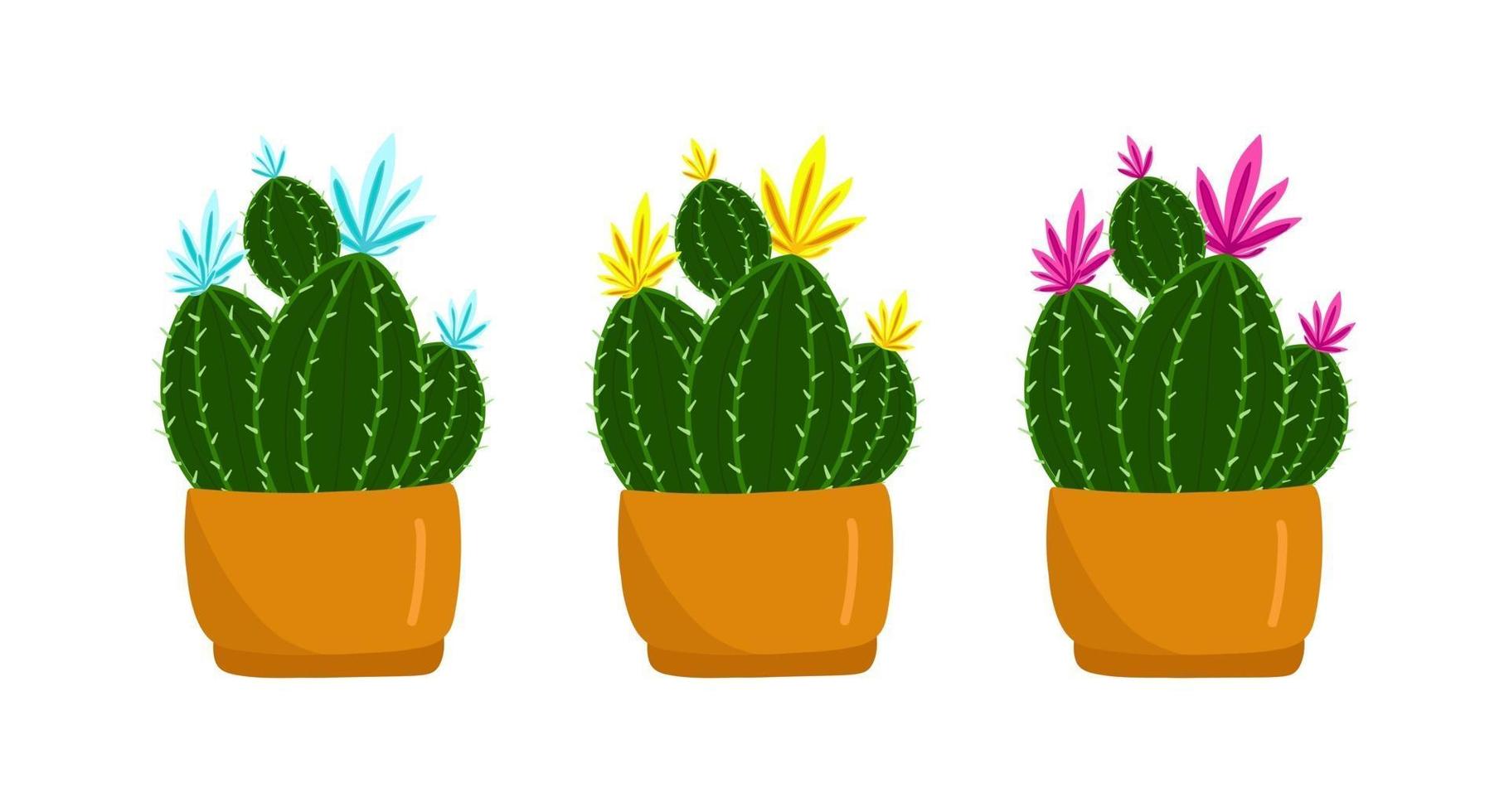 stekelige groene cactusbloemen met gele bloemen in een bruine pot, tropische plant, huisbloemen in cartoon-stijl, vector-object, hand tekenen, isoleren witte achtergrond instellen. vector