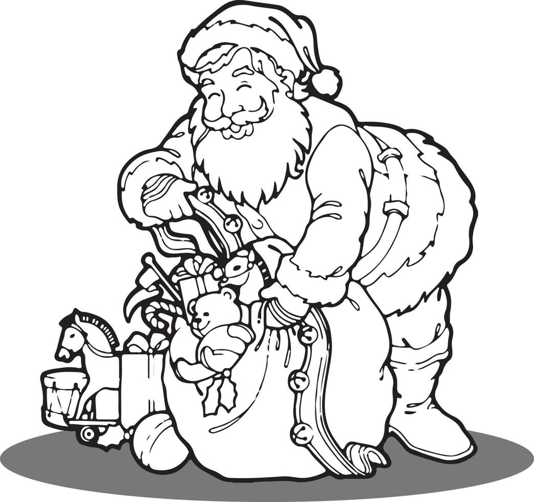 vector illustratie van kerstman claus en een zak van geschenk. geschikt voor kleur boek, kleur Pagina's, sticker, poster, kaart, enz
