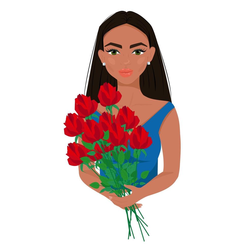 meisje in blauw met een boeket bloemen in haar handen, mooie afro vrouw met make-up, mooie vrouwelijke avatar, vectorillustratie in vlakke stijl. vector