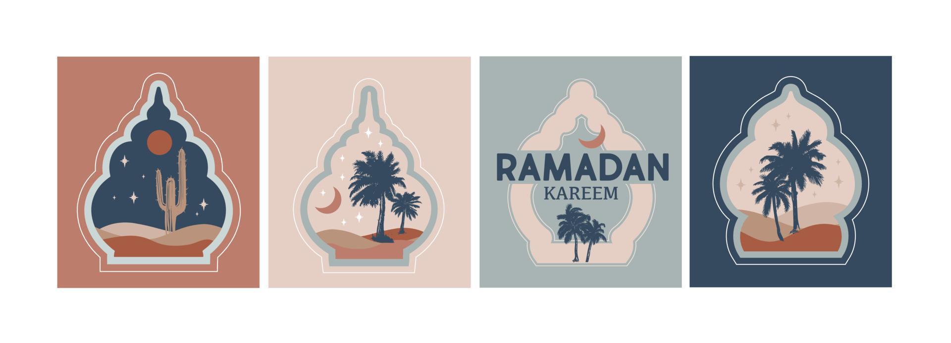 Ramadan. verzameling van oosters stijl Islamitisch ramen, palm bomen, cactus en woestijn vector