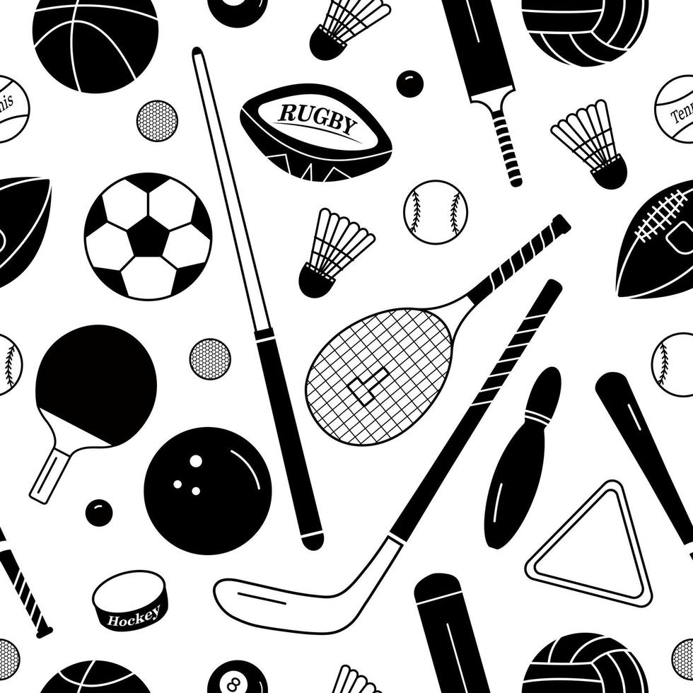 sport naadloos patroon met verschillend ballen en sport apparatuur. vector achtergrond in gemakkelijk monochroom stijl