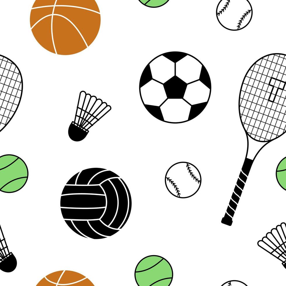 kleurrijk sport naadloos patroon met verschillend ballen en sport apparatuur. vector illustratie in gemakkelijk vlak stijl Aan een wit backround