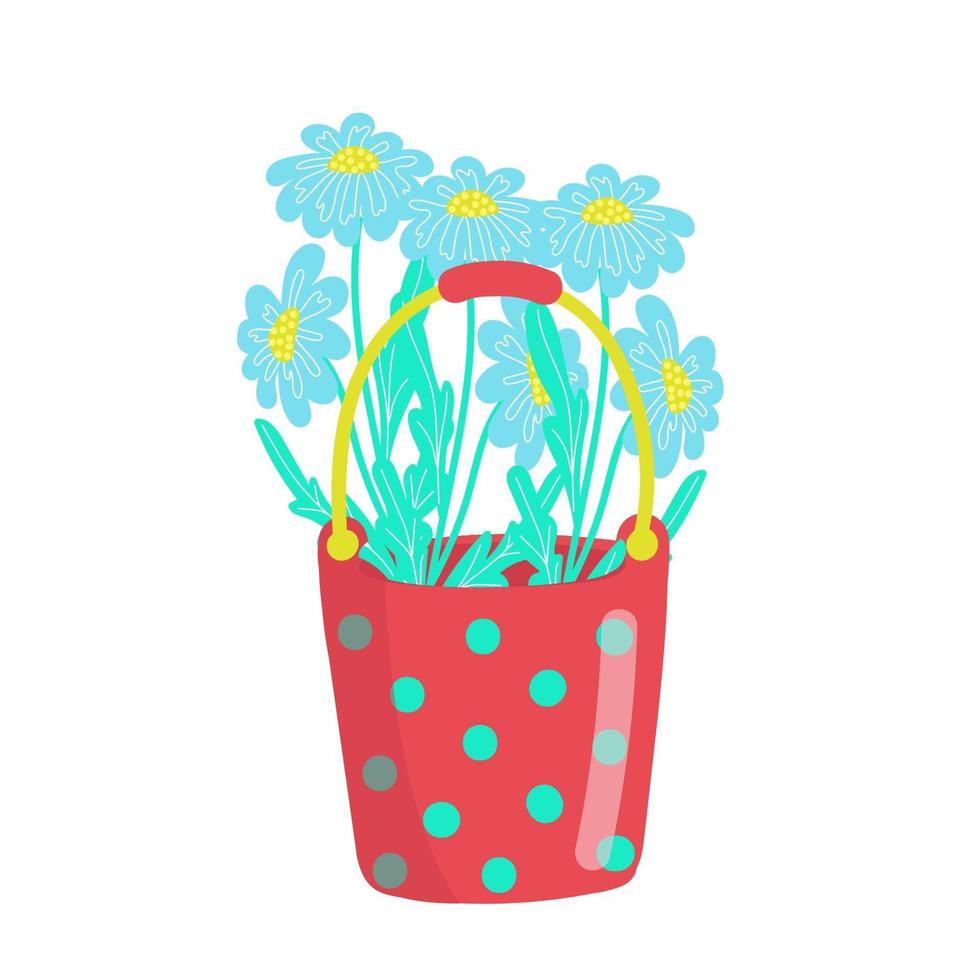 rode heldere polka dot emmer gevuld met madeliefjes, boeket madeliefjes, Lentebloemen, vectorillustratie in cartoon-stijl, plat. vector