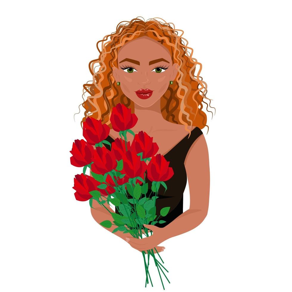 het meisje in zwarte jurk met een boeket rode rozen in haar handen, mooie roodharige vrouw met make-up, mooie vrouw avatar, vectorillustratie in vlakke stijl. vector