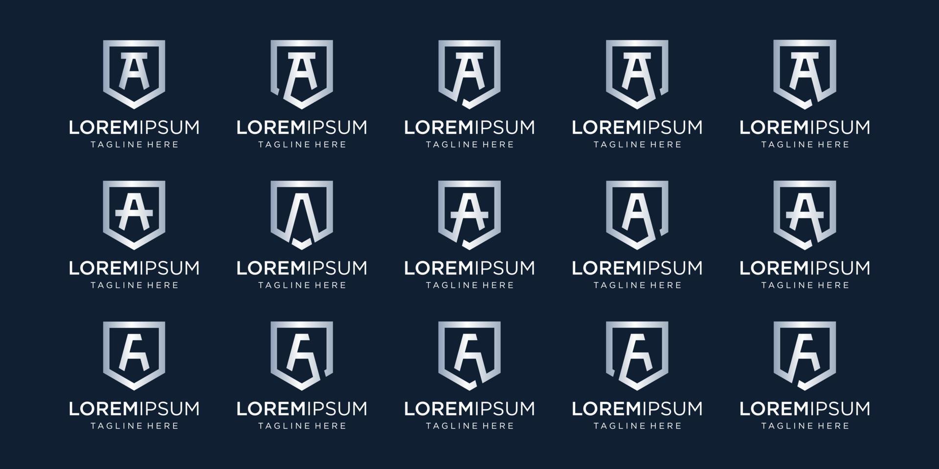 reeks van brief een monogram en schild teken combinatie. lijn kunst logo ontwerp. symboliseert betrouwbaarheid, veiligheid, stroom, veiligheid. luxe logo. vector