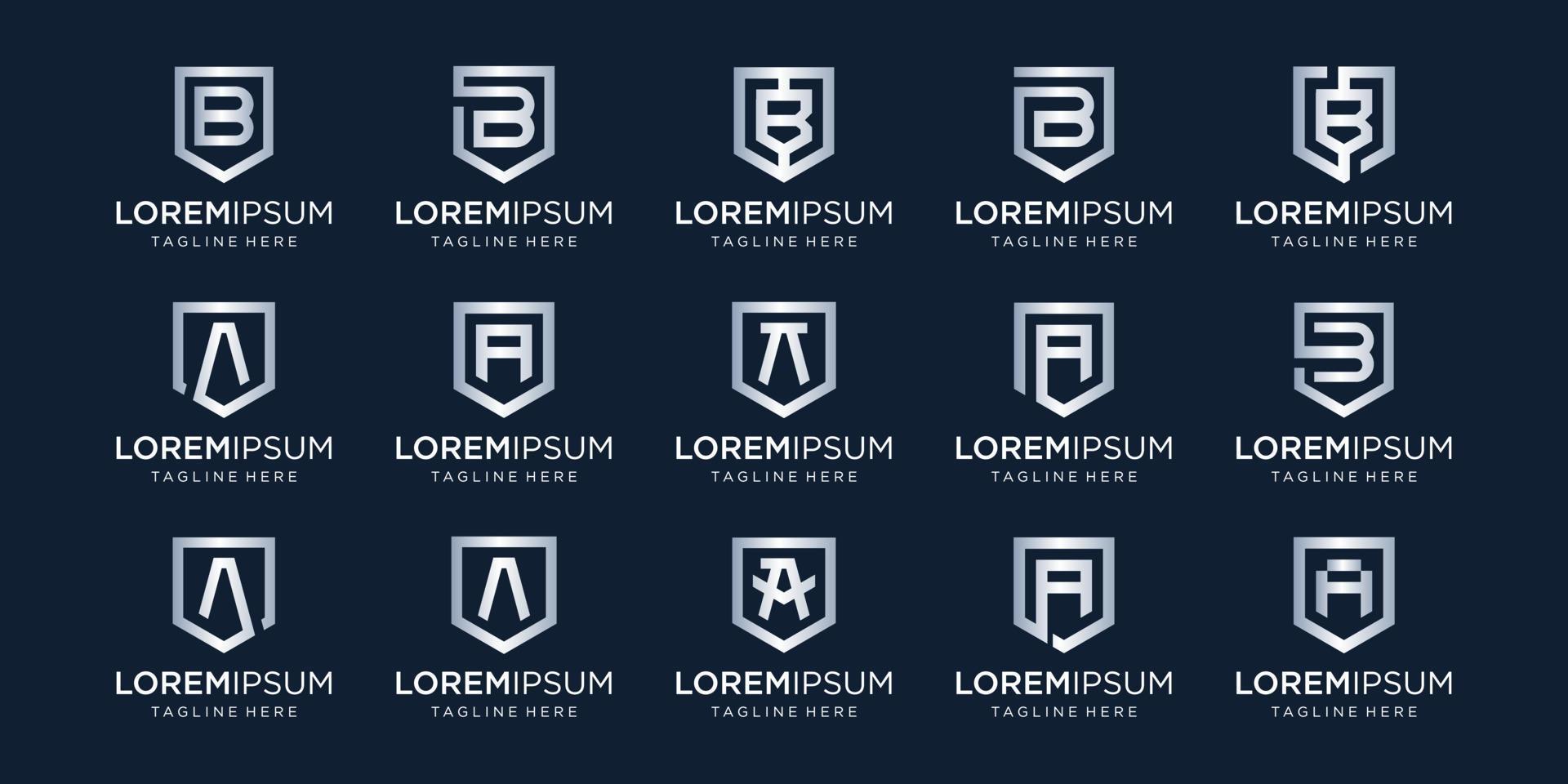 reeks van brief b een monogram en schild teken combinatie. lijn kunst logo ontwerp. symboliseert betrouwbaarheid, veiligheid, stroom, veiligheid. luxe logo. vector