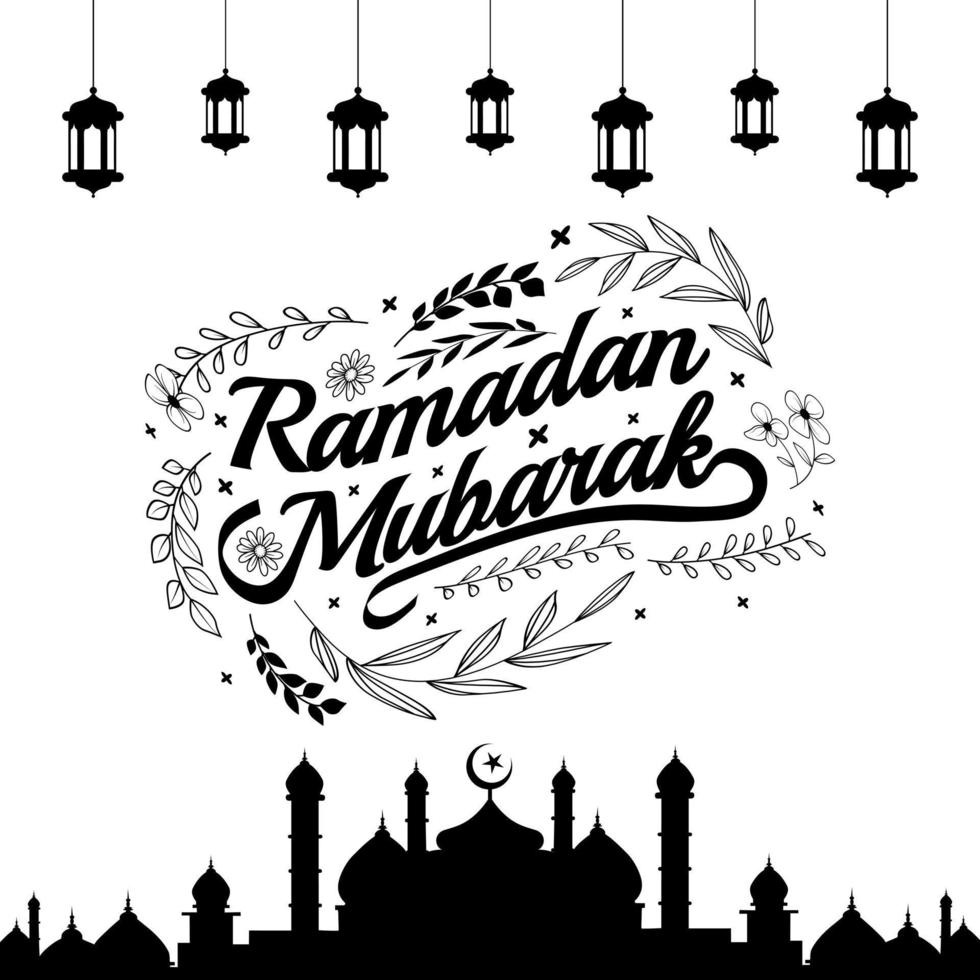 Ramadan mubarak belettering achtergrond hand- getrokken gebladerte decoratie vector