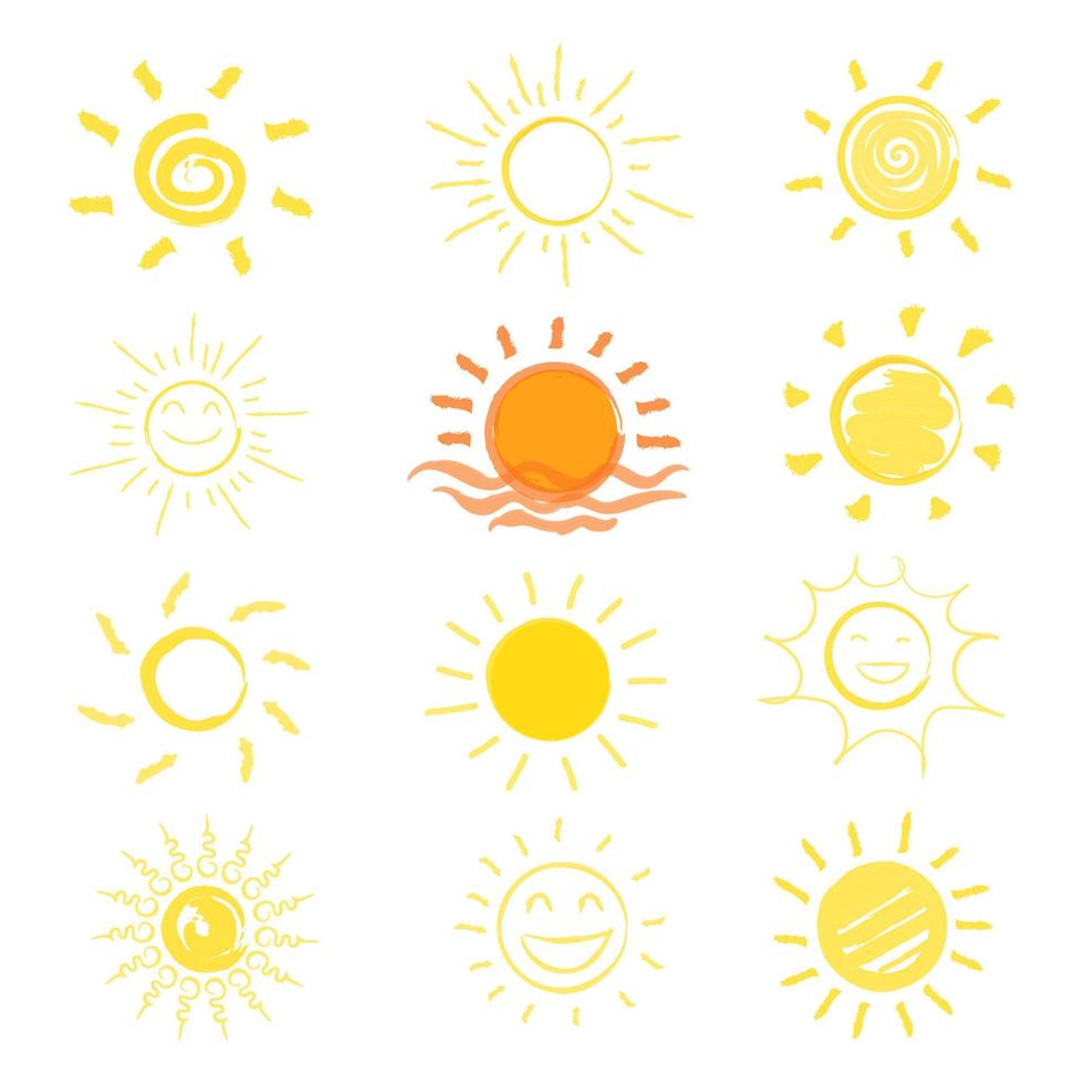 zon pictogrammen hand- getrokken verzameling geïsoleerd Aan wit achtergrond. zomer tijd concept. vector illustratie